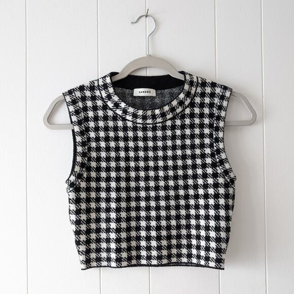 Sandro Andy Houndstooth Paris Cropped Gingham Jacquard-knit Top, size 1 - Picture 1 of 8